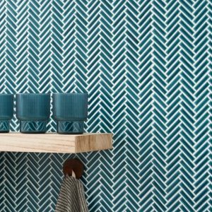 Backsplash & Kitchen | 1 sq. ft. Kai Teal 1×2″ Herringbone Crackled Glossy Porcelain Mosaic Tile Teal Herringbone Backsplash & Kitchen Backsplash & Kitchen