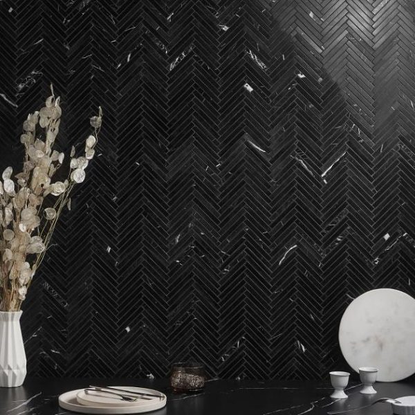 Backsplash & Kitchen | 1 sq. ft. Nero Marquina 1/2″ x4″ Herringbone Polished Marble Mosaic Tile .5X4 Backsplash & Kitchen .5X4