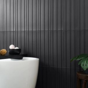 Bathroom | 1 sq. ft. Bariano Black 6×16 Fluted 3D Matte Porcelain Tile Black Backsplash & Kitchen Backsplash & Kitchen