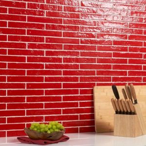 Bathroom | 1 sq. ft. Wabi Sabi Crimson Red 1.5×9 Glossy Ceramic Tile Crimson Red Backsplash & Kitchen Backsplash & Kitchen