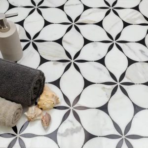 Commercial Floor | 1 sq. ft. Evangeline Nero Marquina & Calacatta Polished Marble Tile- Black & White Floral Backsplash & Kitchen Backsplash & Kitchen