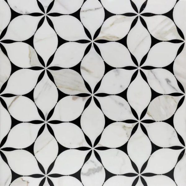 Commercial Floor | 1 sq. ft. Evangeline Nero Marquina & Calacatta Polished Marble Tile- Black & White Floral Backsplash & Kitchen Backsplash & Kitchen