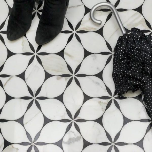 Commercial Floor | 1 sq. ft. Evangeline Nero Marquina & Calacatta Polished Marble Tile- Black & White Floral Backsplash & Kitchen Backsplash & Kitchen