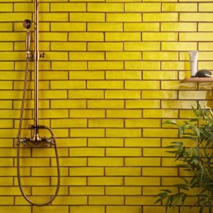 Floor Tiles | 1 sq. ft. Emery Yellow 2×8 Handmade Crackled Glossy Terracotta Subway Tile Yellow Backsplash & Kitchen Backsplash & Kitchen