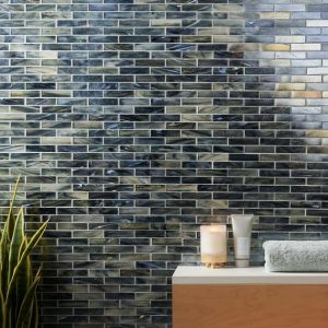 Pool Tiles | 1 sq. ft. Artwater Iridescent Night Black 1×4 Polished Glass Mosaic Tile Black Backsplash & Kitchen Backsplash & Kitchen