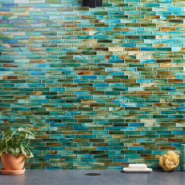 Pool Tiles | 1 sq. ft. Artwave Lagoon Green Iridescent 1×4 Polished Glass Mosaic Tile Lagoon Green Backsplash & Kitchen Backsplash & Kitchen