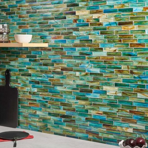 Pool Tiles | 1 sq. ft. Artwave Lagoon Green Iridescent 1×4 Polished Glass Mosaic Tile Lagoon Green Backsplash & Kitchen Backsplash & Kitchen