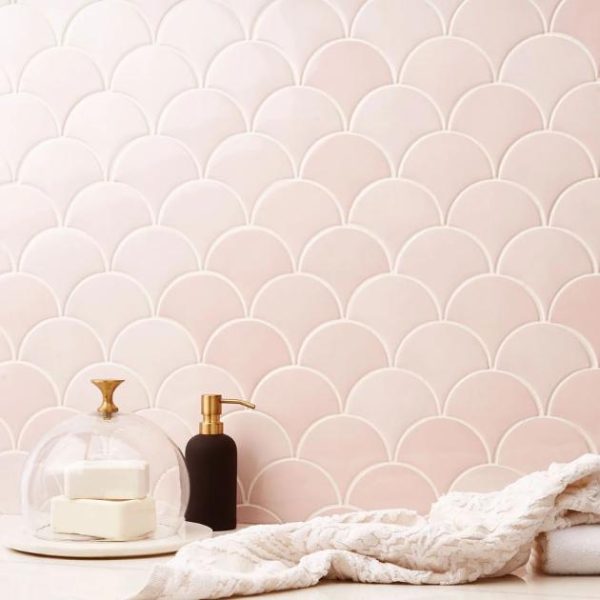 Bathroom | 1 sq. ft. Highwater Rose Pink Fishscale 2×5 Polished Ceramic Wall Tile Rose Pink Backsplash & Kitchen Backsplash & Kitchen