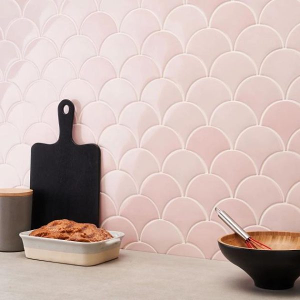 Bathroom | 1 sq. ft. Highwater Rose Pink Fishscale 2×5 Polished Ceramic Wall Tile Rose Pink Backsplash & Kitchen Backsplash & Kitchen